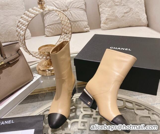 Best Quality Chanel Lambskin Heel Ankle Boots 4.5cm with Pearls Beige 828016