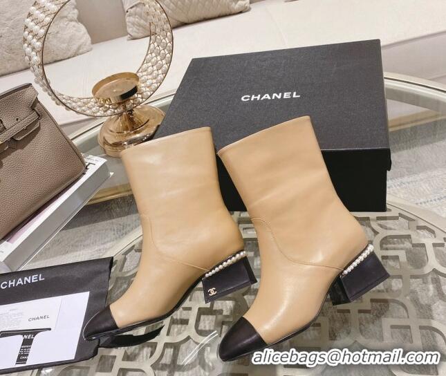 Best Quality Chanel Lambskin Heel Ankle Boots 4.5cm with Pearls Beige 828016