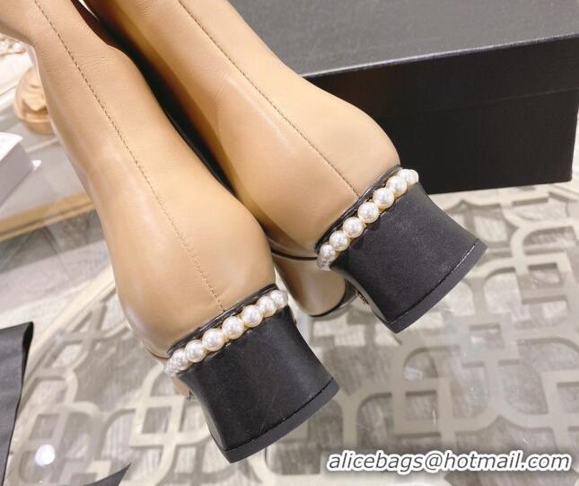 Best Quality Chanel Lambskin Heel Ankle Boots 4.5cm with Pearls Beige 828016