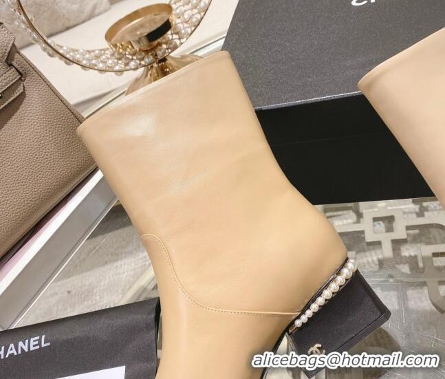 Best Quality Chanel Lambskin Heel Ankle Boots 4.5cm with Pearls Beige 828016