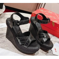 Good Looking Christian Mafaldina Zeppa Platform Sandals 12cm in Crocodile Embossed Leather Black 605007