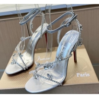 Shop Duplicate Christian Louboutin Joli Queen High Heel Sandals 10cm in PVC and Crystals Silver 915028