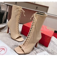 Unique Discount Christian Louboutin Perforated Leather Open Toe Lace-up Ankle Boots 10cm Nude 915041