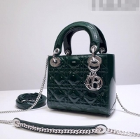 ​Cheapest Dior Mini Lady Dior Bag in Patent Leather CD2808 Green/Silver 2023 (Two Straps)