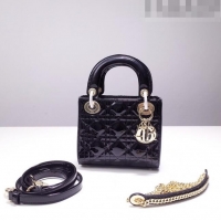 Classic Grade Dior Mini Lady Dior Bag in Patent Leather CD2808 Black/Gold 2023 (Two Straps)