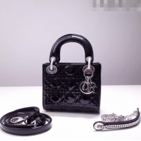 Buy Fashionable Dior Mini Lady Dior Bag in Patent Leather CD2808 Black/Silver 2023 (Two Straps)