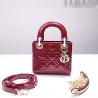 Grade Quality Dior Mini Lady Dior Bag in Patent Leather CD2808 Burgundy/Gold 2023 (Two Straps)