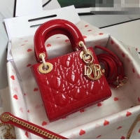 Fashion Discount Dior Mini Lady Dior Bag in Patent Leather CD2808 Red/Gold 2023 (Two Straps)