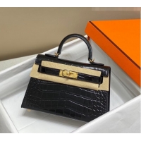 Popular Style Hermes Mini Kelly Bag 19cm in Crocodile Embossed Leather 0523 Black/Gold 2023