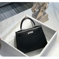 Top Quality Hermes Kelly Box Bag 25cm in Box Calf Leather H25 Black/Silver 2023 (Half-handmade)