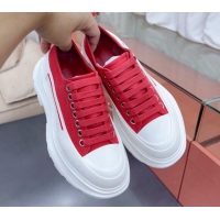 Grade Alexander McQueen Tread Slick Canvas Lace Up Sneakers White/Red 013051