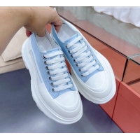 Original Cheap Alexander McQueen Tread Slick Canvas Lace Up Sneakers White/Light Blue 013038