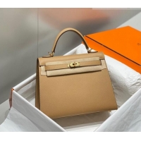 Top Grade Hermes Epsom Kelly Bag 25cm/28cm in Calfskin Leather H25 Milky Tea Brown/Gold 2023