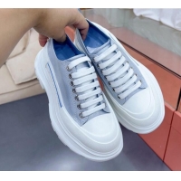 Top Grade Alexander McQueen Tread Slick Canvas Lace Up Sneakers White/Light Blue 013042