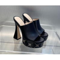 Top Design Gucci Leather Platform Slide Sandal 15.5cm with Interlocking G Studs Black 620045