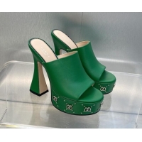 Cheap Price Gucci Leather Platform Slide Sandal 15.5cm with Interlocking G Studs Green 620048