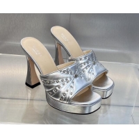 Good Quality Gucci Leather Platform Slide Sandal 11.5cm with GG and Studs Silver 620056