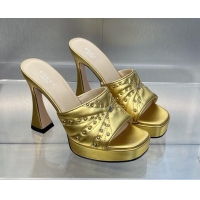 Buy Luxury Gucci Leather Platform Slide Sandal 11.5cm with GG and Studs Gold 620058