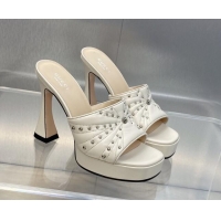 Perfect Gucci Leather Platform Slide Sandal 11.5cm with GG and Studs White 620059