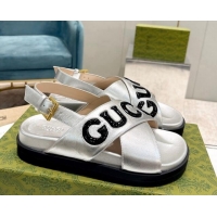 Stylish Gucci Leather Strap Sandals with Gucci Script Silver 620061