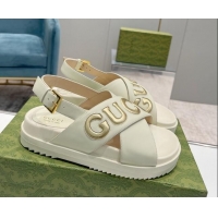 Best Price Gucci Leather Strap Sandals with Gucci Script White 620081