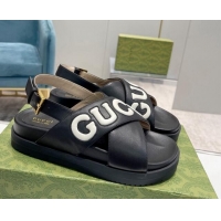 Best Grade Gucci Leather Strap Sandals with Gucci Script Black 620062