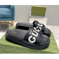 Buy Discount Gucci Leather Slide Sandals with Gucci Script Black 620064