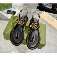 Grade Gucci Leather Double G Flat Thong Sandals Black 620066