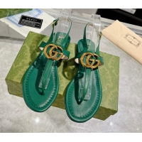 Luxurious Gucci Leather Double G Flat Thong Sandals Dark Green 620067