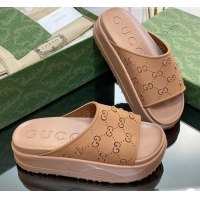 Good Product Gucci Rubber Platform Slide Sandal with Cut Out GG Brown 620074