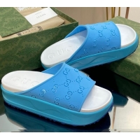 Charming Gucci Rubber Platform Slide Sandal with Cut Out GG Light Blue 620079