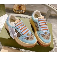 Good Quality Gucci Screener Platform Sneakers in GG Canvas and Suede Light Blue/Beige 620081