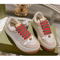 Luxury Gucci Screener Platform Sneakers in GG Lamé Canvas and Suede White/Nude 620083