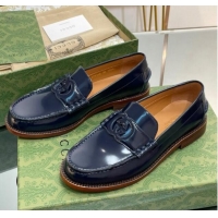 Luxurious Gucci Interlocking G Leather Loafers Navy Blue 620096