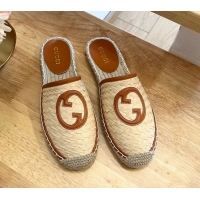 Good Quality Gucci Interlocking G Espadrille Flat Mules in Raffia Straw Beige/Brown 711039 