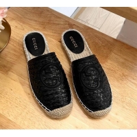 Best Grade Gucci Interlocking G Espadrille Flat Mules in Raffia Straw Black 711046