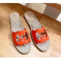 Lower Price Gucci Leather Espadrille Flat Slide Sandals with Interlocking G Cutout Orange 711050