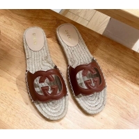 Good Product Gucci Leather Espadrille Flat Slide Sandals with Interlocking G Cutout Brown 711052