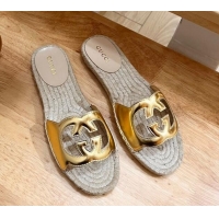 Shop Duplicate Gucci Leather Espadrille Flat Slide Sandals with Interlocking G Cutout Gold 711053