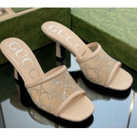 Big Discount Gucci GG Crystals Mesh Mid Heel Slide Sandals 7.5cm Rose Beige 711057