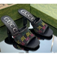 Hot Style Gucci GG Crystals Mesh Mid Heel Slide Sandals 7.5cm Black/Multicolor 711059