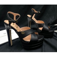 Cheapest Gucci Leather High Heel Platform Sandals 14cm with GG Black 711085