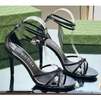 Top Design Gucci Strappy High Heel Sandals 8.5cm in Patent Leather Black 0718106