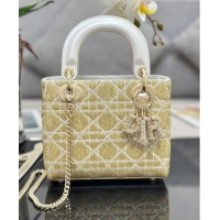 Luxury Cheap Dior Lady Dior Mini Bag in Leather with Crystal Beads Embroidery M0505 Gold/White 2023