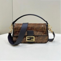 Good Quality Fendi Baguette Medium Bag in Brown FF Jacquard Fabric with sequins 8623L 2023