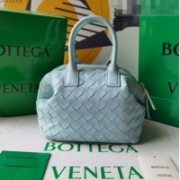 Good Quality Bottega Veneta Mini Bauletto Top Handle Bag in Intreccio Leather 764535 Light Blue 2023