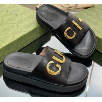 Comfortable Gucci Star Leather Platform Slide Sandals Black 719001