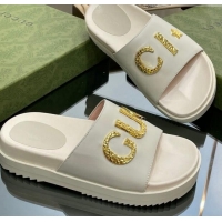 Fashion Gucci Star Leather Platform Slide Sandals White 719002