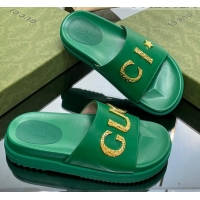 Luxury Gucci Star Leather Platform Slide Sandals Green 719003