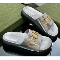 Good Quality Gucci Star Leather Platform Slide Sandals Silver 719004